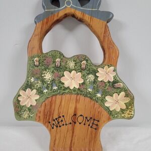 Handpainted Wooden Welcome Flower Basket Wall Plaque Art Wood Cutout Mexico